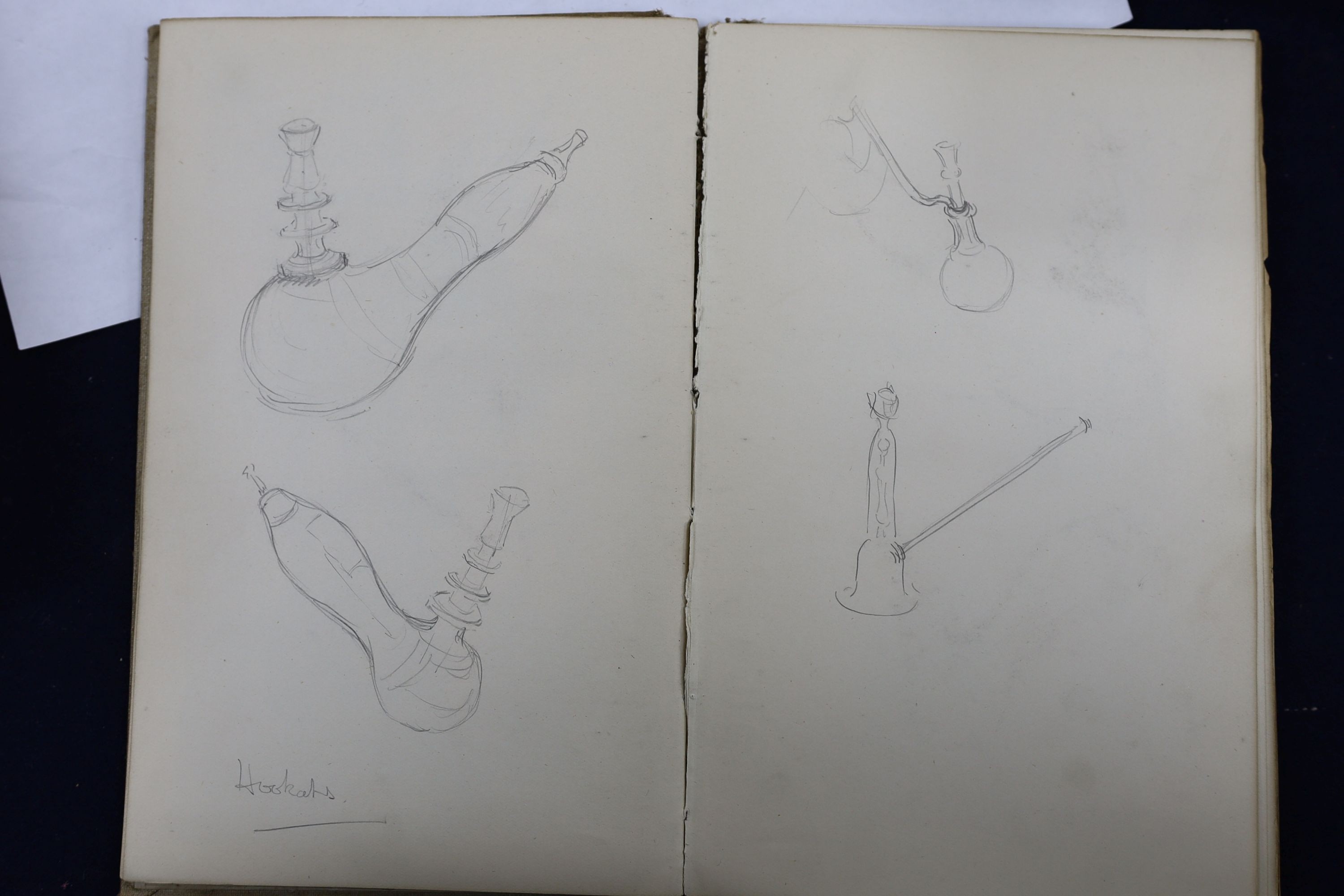 Five various sketch books, an exercise book containing miscellaneous crests and a photograph album